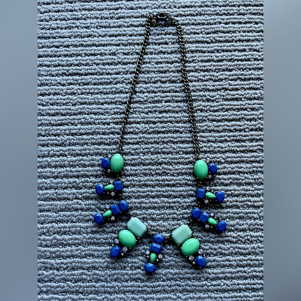 Vintage Authentic J Crew Blue Green Rhinestone Statement Necklace Chunky 20”
